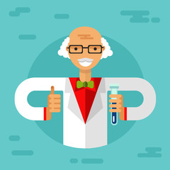 Vector flat style illustration of old men scientist in glasses with thumbs-up, flasks and making research. Chemistry laboratory research concept.