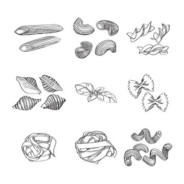 Different sorts of traditional pasta made in sketch style. Great design element for italian restaurants and pasta restaurants. 