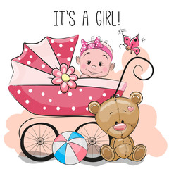 Greeting card it's a girl with baby carriage and teddy bear