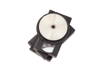 Video Cassettes And CD disc isolated on white background