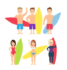 surfers men and women with surfboards isolated on white background set