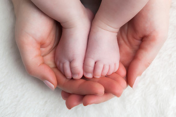 Newborn baby feet in mother's hands. Child care, feeling safe, protect.