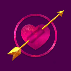 Golden Arrow pierced Heart. In a circle on purple background