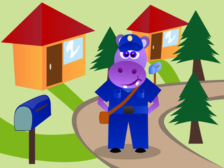 Hippo as post office worker delivering the letters.
