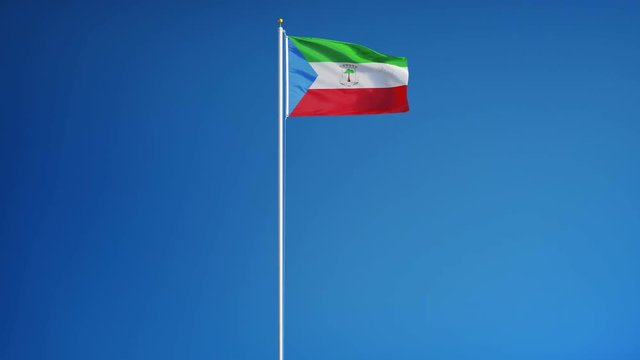 Equatorial Guinea flag waving in slow motion against clean blue sky, seamlessly looped, long shot, isolated on alpha channel with black and white luminance matte, perfect for film, news, composition