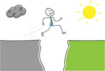 Strichmännchen wechselt von der Schattenseite auf die Sonnenseite..Schatten und Sonne wechseln sich ab. .Bei schönem Wetter, strahlender Sonne springt der Geschäftsmann in das grüne Gras.