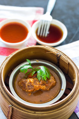 breakfast, dim sum 'stewed pork' in bamboo basket