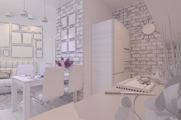 3d render of Living room with kitchen interior design in a modern