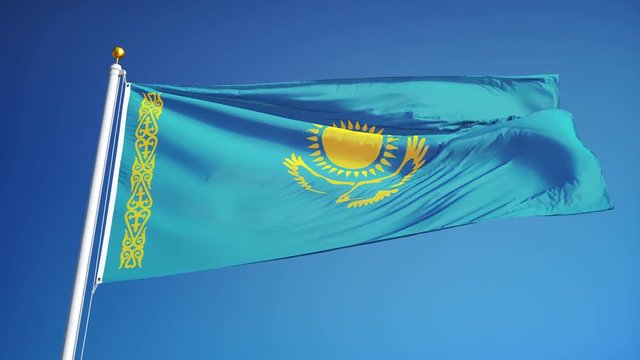Kazakhstan flag waving in slow motion against clean blue sky, seamlessly looped, close up, isolated on alpha channel with black and white luminance matte, perfect for film, news, digital composition