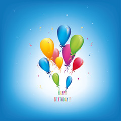 Happy birthday postcard with gift and balloons explosion. Child party invitation. Vector illustration.