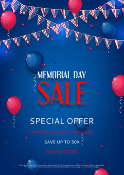 Design of the flyer of Memorial Day sale. Color background with air balloons and with a garland from American flags. American Memorial Day celebration poster, vector illustration.