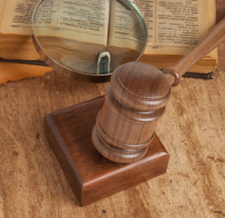 Wooden gavel and books