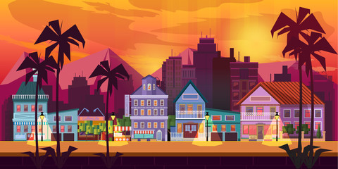 Obraz premium Night City Game Background 2d game application. Vector design. Tileable horizontally. Size 1024x512. Ready for parallax effect