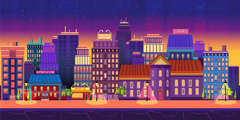 Night City Game Background  2d game application. Vector design. Tileable horizontally. Size 1024x512. Ready for parallax effect