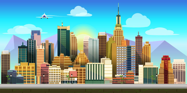 City Game Background  2d game application. Vector design. Tileable horizontally. Size 1024x512. Ready for parallax effect