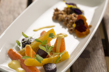 Heirloom Carrots with nasturtium crumble & saffron aioli 

