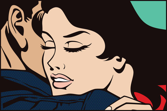 Stock illustration. People in retro style pop art and vintage advertising. Kissing couple.