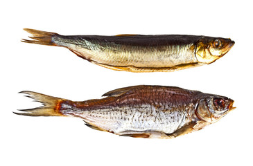 Set of different dried and smoked fishes on a white background
