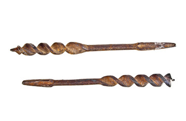 Old rusty drill bits on a white background