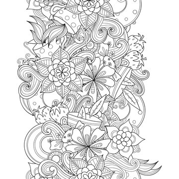 Vector doodle flowers, leaves, tea cups seamless border. Zentangle style decorative element.