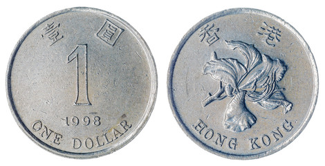 1 dollar 1998 coin isolated on white background, Hong Kong