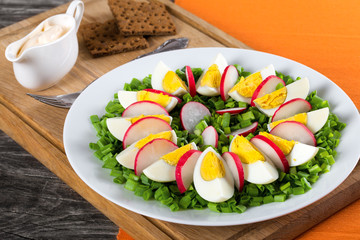 Spring onion, eggs, radish salad, close up