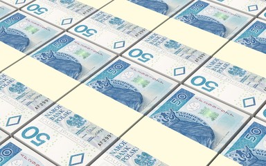 Polish currency bills stacks background. 3D illustration.