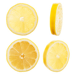 Slice of fresh lemon isolated on white background.