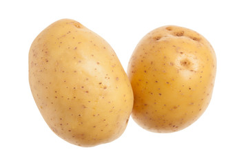 Two whole yellow potatoes. Isolated on white background. Close-u