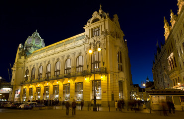 Fototapeta na wymiar Municipal House facade at night, Prague, Czech Republic.