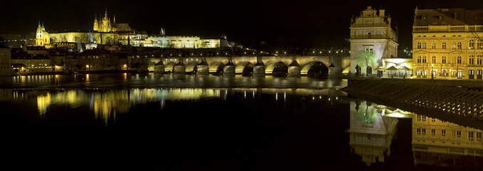 Prague at dusk, view of the Lesser Bridge Tower of Charles Bridge