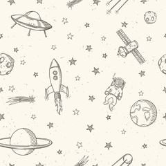 Hand drawn astronomy doodle seamless pattern.