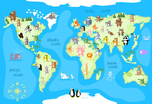 Concept design world map with animals of all the continents and oceans drawing in funny cartoon style for kids and preschool children. Vector illustration © Dunhill