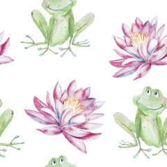 Frog, lily.Watercolor seamless pattern.