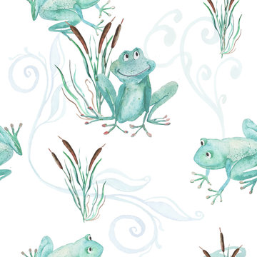 Frog, cane. Watercolor seamless pattern.