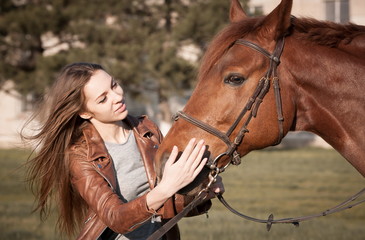 Woman and  horse. Portrait close up