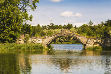 Fototapeta na wymiar View of Humpback bridge on White lake. Gatchina Palace Park