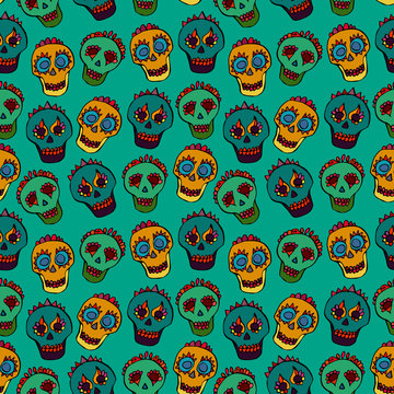Seamless background with colorful skulls