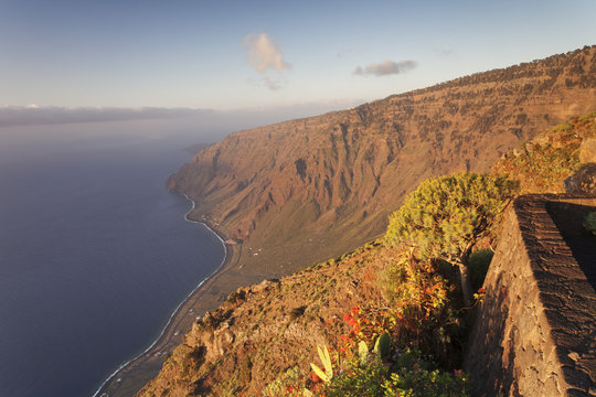 View from Mirador Isora to Las Playas Bay at sunsrise, UNESCO biosphere reserve, El Hierro, Canary Islands, Spain, Atlantic