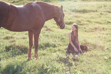 Girl and her horse on the sunlit field
