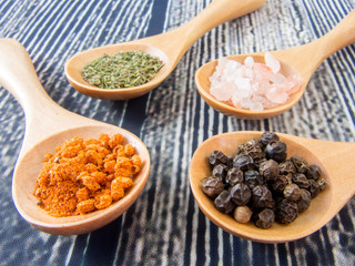 wooden teaspoons with fresh assorted spices