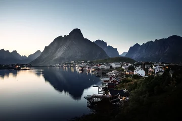 Fotobehang mist in sunset time Reine Village, Lofoten Islands, Norway © Iakov Kalinin