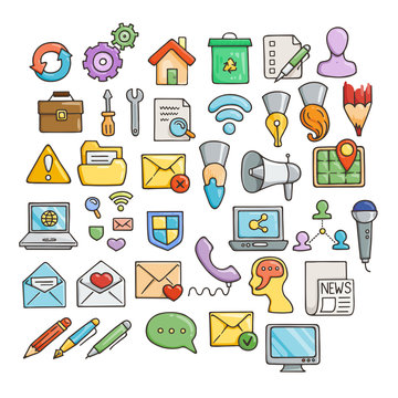 Set of Universal Doodle Icons. Bright Colors and Variety of Topics.