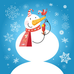 Funny snowman with a bird