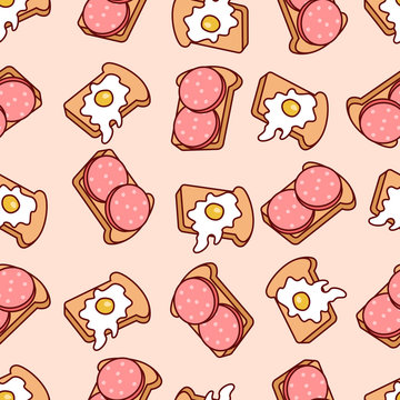 Vector seamless pattern toasts with sausage and fried eggs. Cartoon retro toasts with fried eggs and salami background. Comic drawing breakfast on blue background.