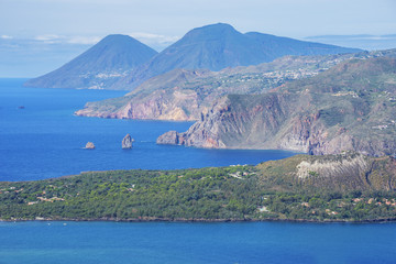 View of Lipari and Salina Island, Vulcano Island, Aeolian Islands, north of Sicily, Mediterranean