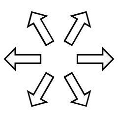 Radial Arrows vector icon. Style is stroke icon symbol, black color, white background.