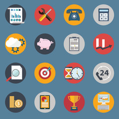 Set of various financial service items, web and technology development, business management symbol, marketing items and office equipment on background