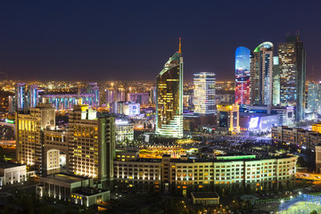 The city center and central business district at night, Astana, Kazakhstan