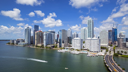 View from Brickell Key, a small island covered in apartment towers, towards the Miami skyline, Miami, Florida